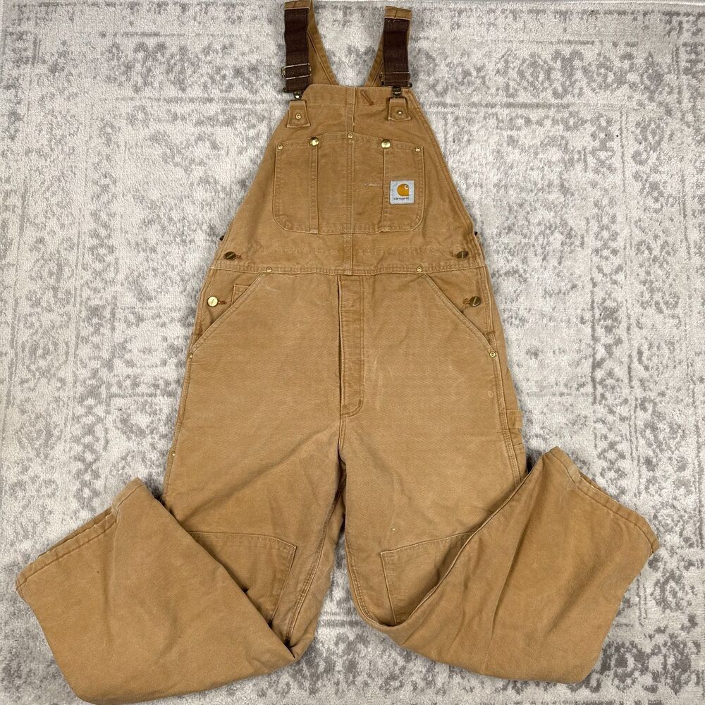 Carhartt R02 BRN Quilt Lined Duck Bib Overalls Brown Men Double Knee Size 36x28